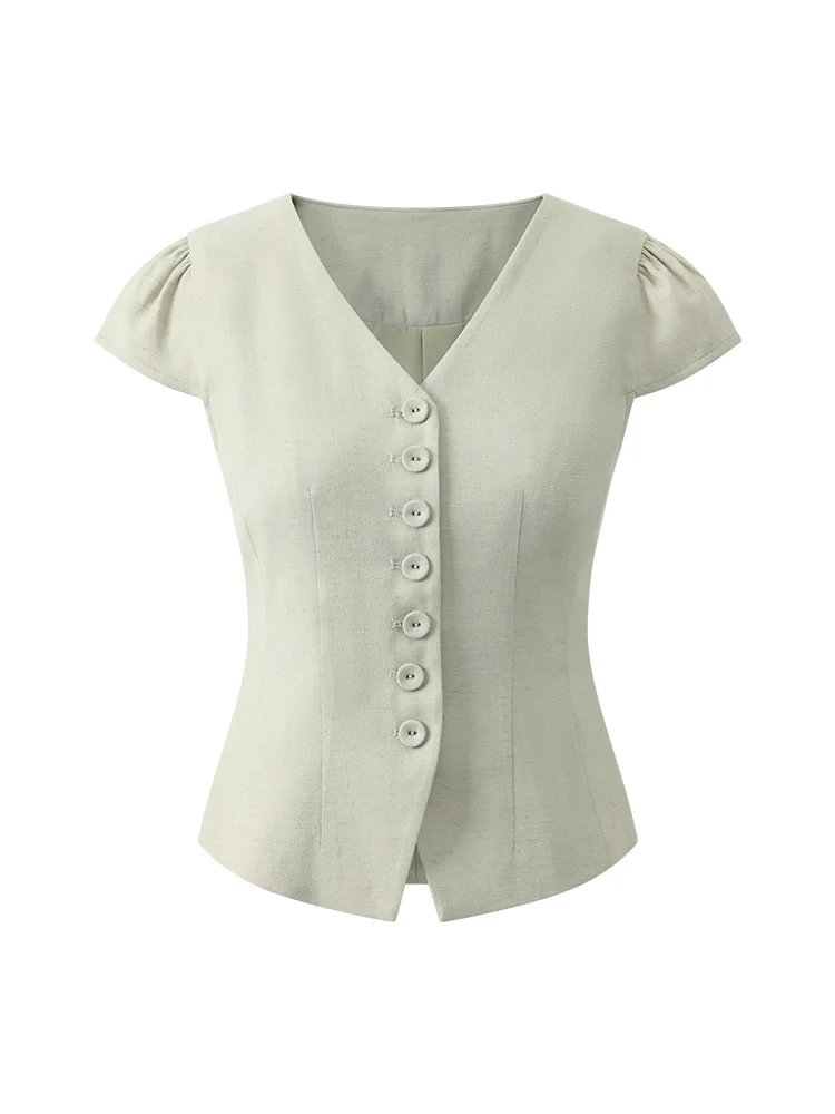V Neck Short Sleeve Shirt Women Summer Slim Fit Button Blouse Elegant Office Casual Top Fashion Solid Color Lightweight Blouses
