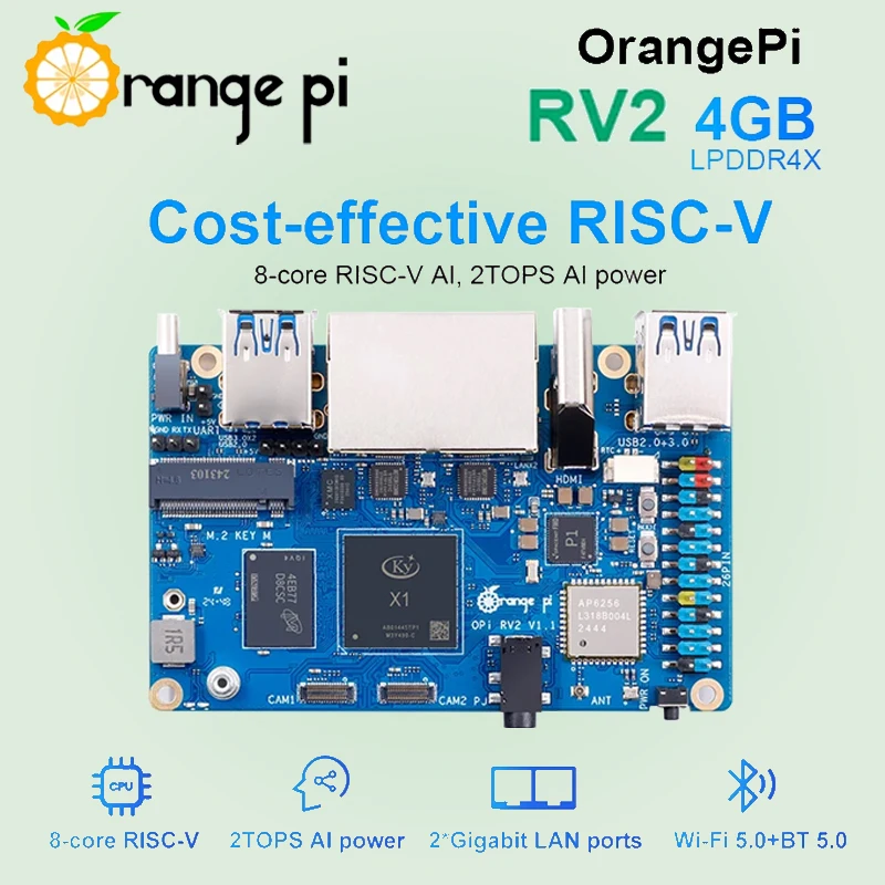 

Orange Pi RV2 4GB RAM Single Board DDR4 8-Core RISC-V WiFi BT5.0 2TOPS AI CPU M2 PCIE SSD BLE Mini PC Support Ubuntu OS