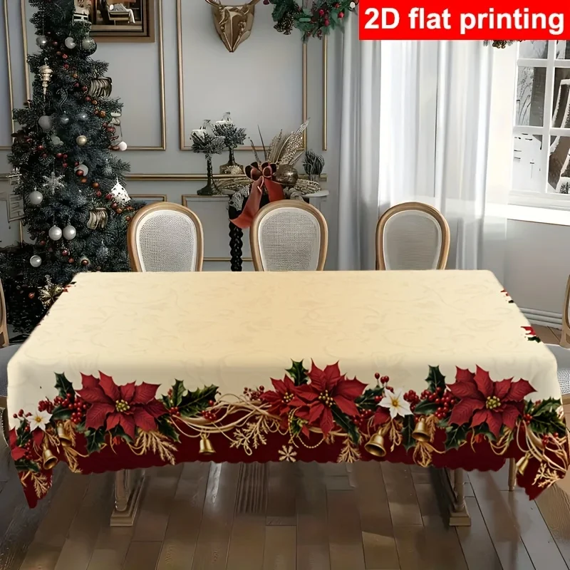 VIKAMA Christmas Tablecloth Rectangle Poinsettia Holly Border Waterproof Spillproof Xmas Family Dining Table Decor
