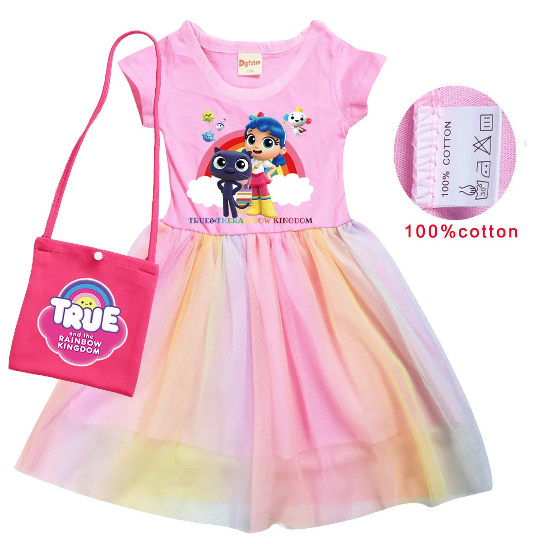 Cute True Rainbow Kingdom Costume Kids Rainbow Gauze Mesh Casual Dresses+bag Baby Girls Princess Dress Children Party Vestidos