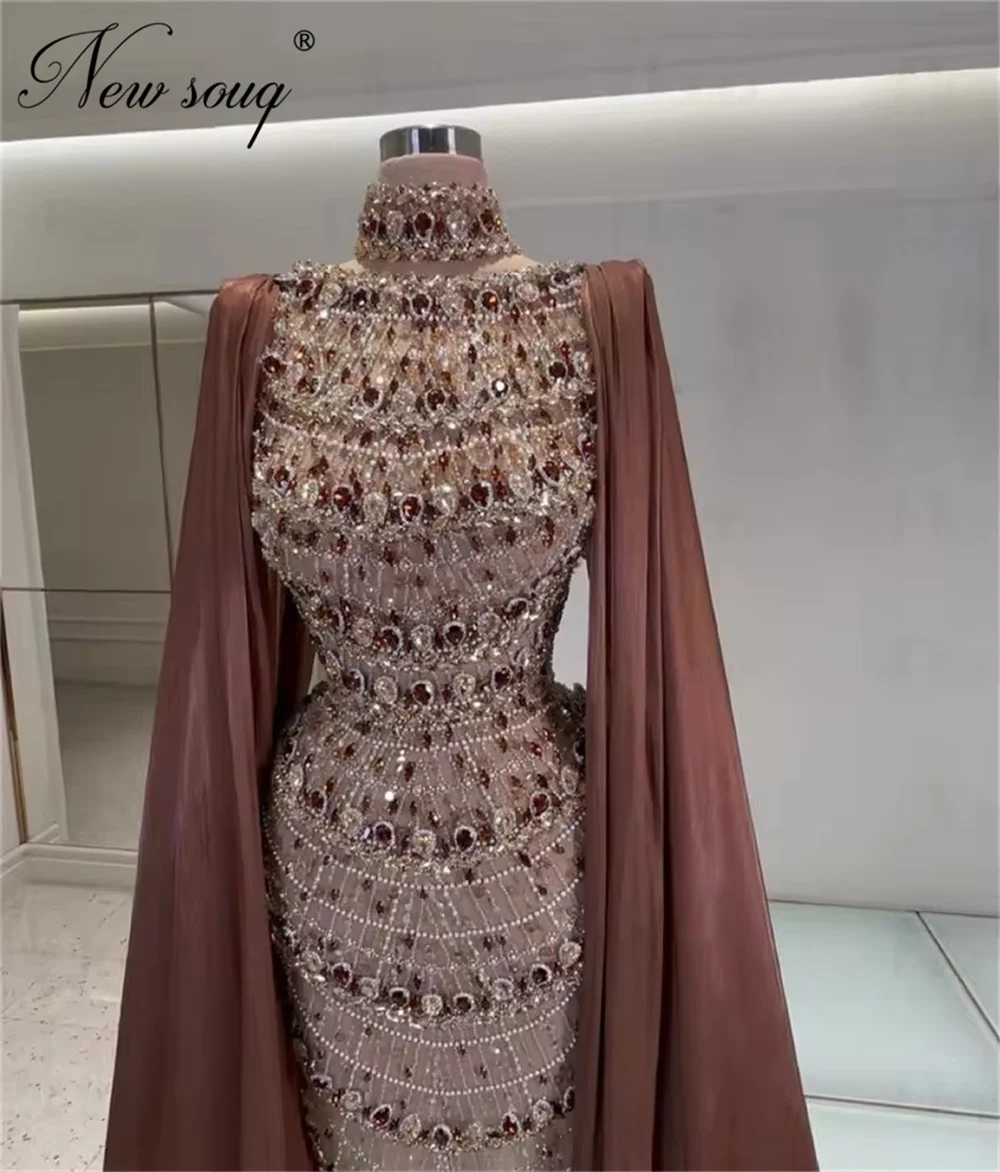 

Middle East Brown Beading Cocktail Dresses Elegant Cape Long Sleeves Mermaid Wedding Party Gowns Customized Evening Dress Prom