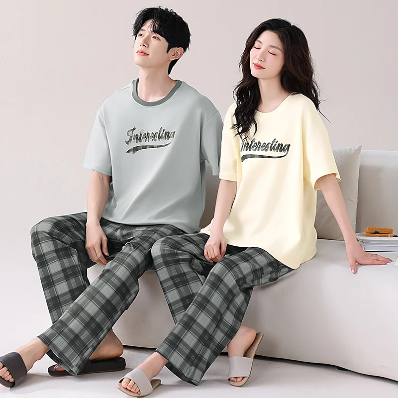

High Quality Summer Couple Pajama Set 100% Cotton Men and Women Short Sleeve Pyjamas