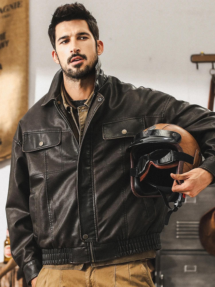 

American Retro Motorcycle Leather Jaet Men's Spring Autumn Loose Faion Hard Man Workwear PU Leather Coat Youth Vitali S...