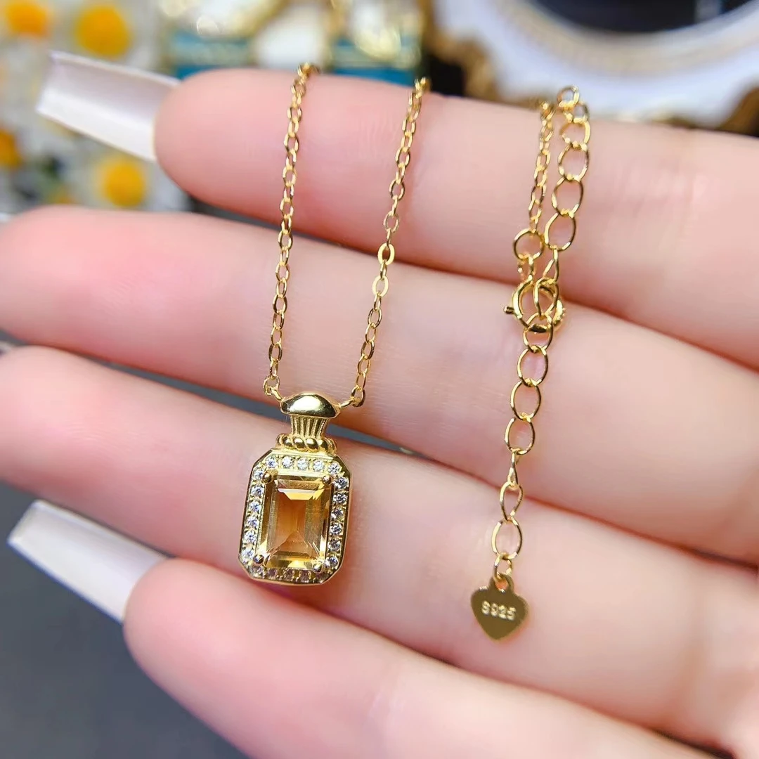 

Solid 925 Silver Citrine Pendant for Girl 5mm*7mm 0.8ct Natural Citrine Jewelry with Gold Plated Yellow Crystal Necklace Pendant