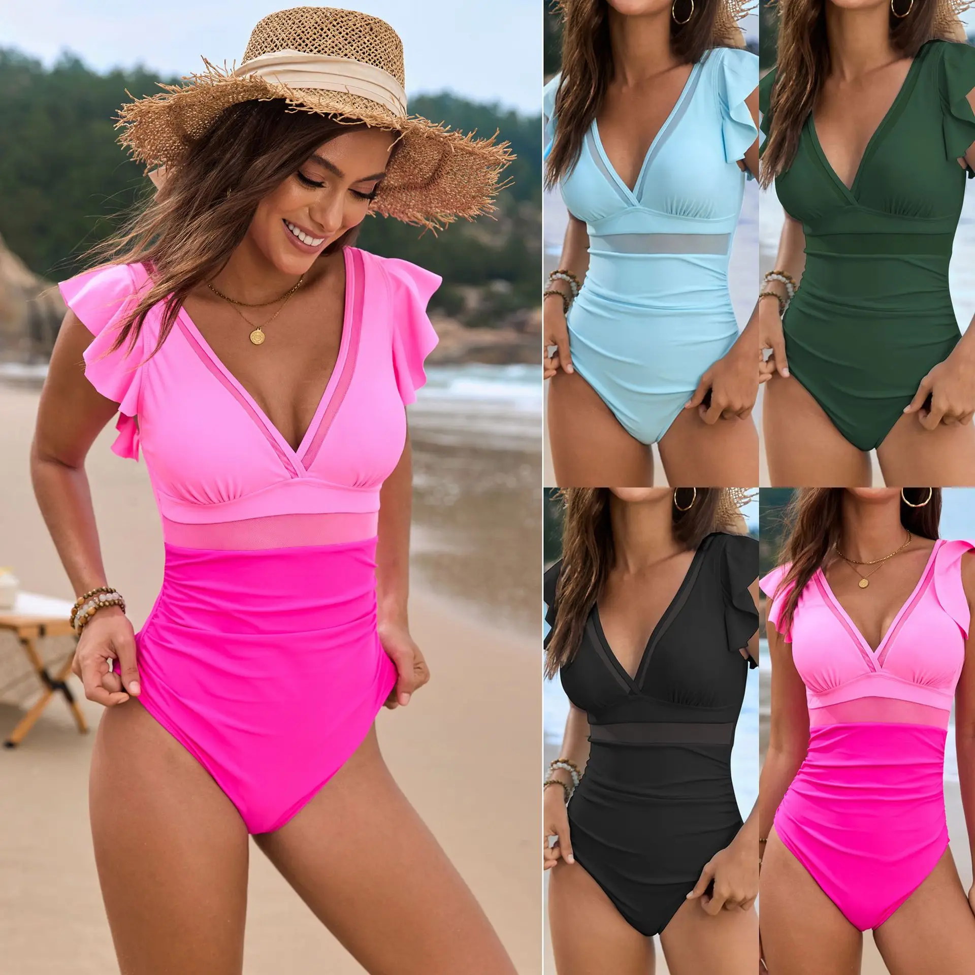 

2026 New Mesh Spliced Solid Color Spliced Swimsuit with Ruffle Edge One-piece Swimsuit Swimwear Women Bathing Suit