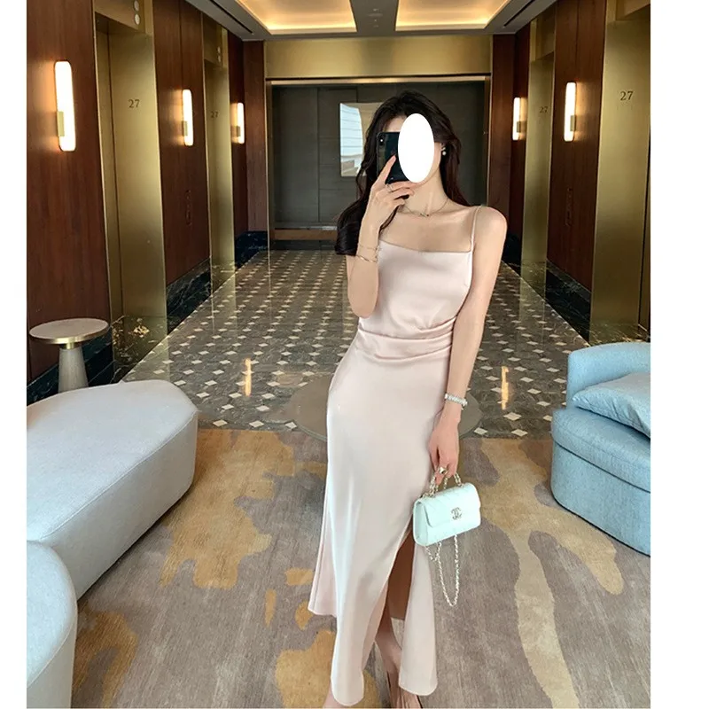 Ele rosa cetim split cinta dr feminino verão bal emagrecimento vestido de cintura alta poliéster náilon cosite fibra saia