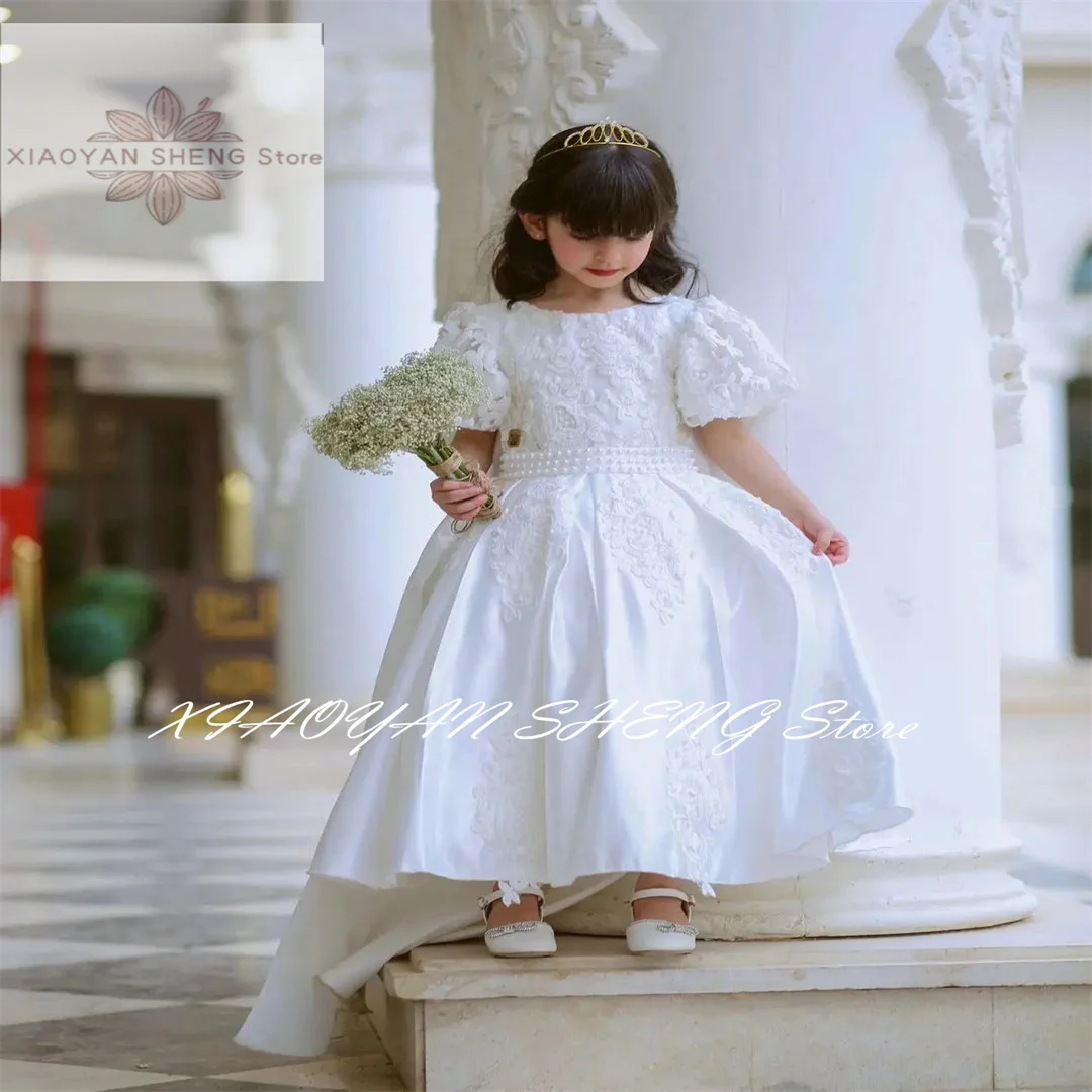 White Applique Flower Girl Dress For Wedding V-back Satin With Bow Kids Birthday Princess Dress First Communion Ball Gowns