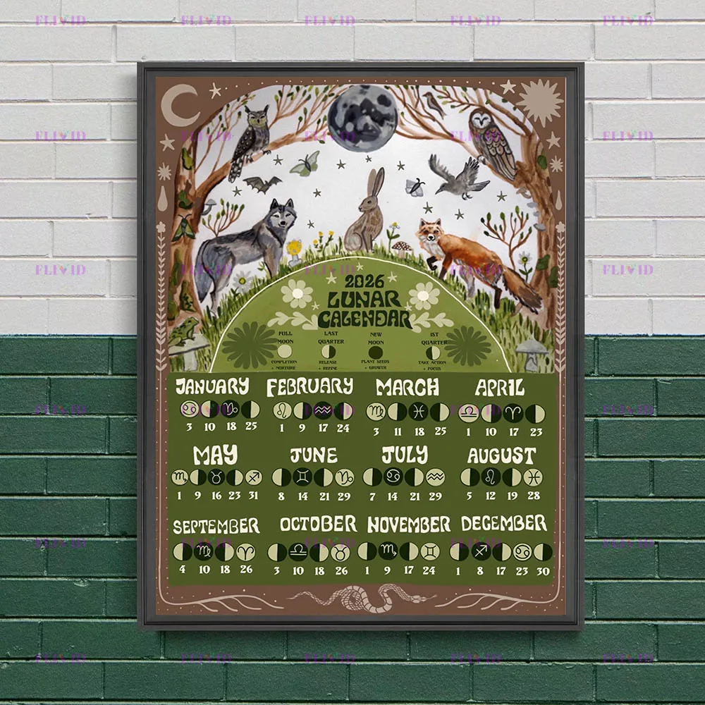 2026 Lunar Phase Calendar, Moon Magic Wall Art Canvas Painting,Moon Phases Witchcraft Art Poster And Print Home Decor Unframed