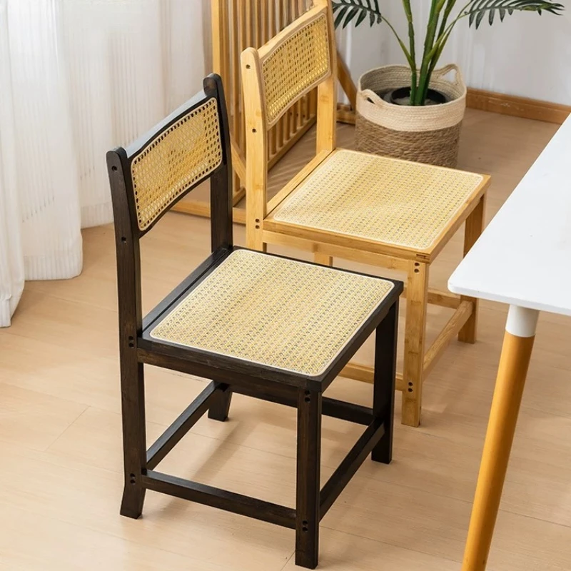 Solid Wood Rattan Dining Chair with Backrest Natural Bamboo Stool Household Leisure Seat for Balcony Restaurant Kitchen Chairs