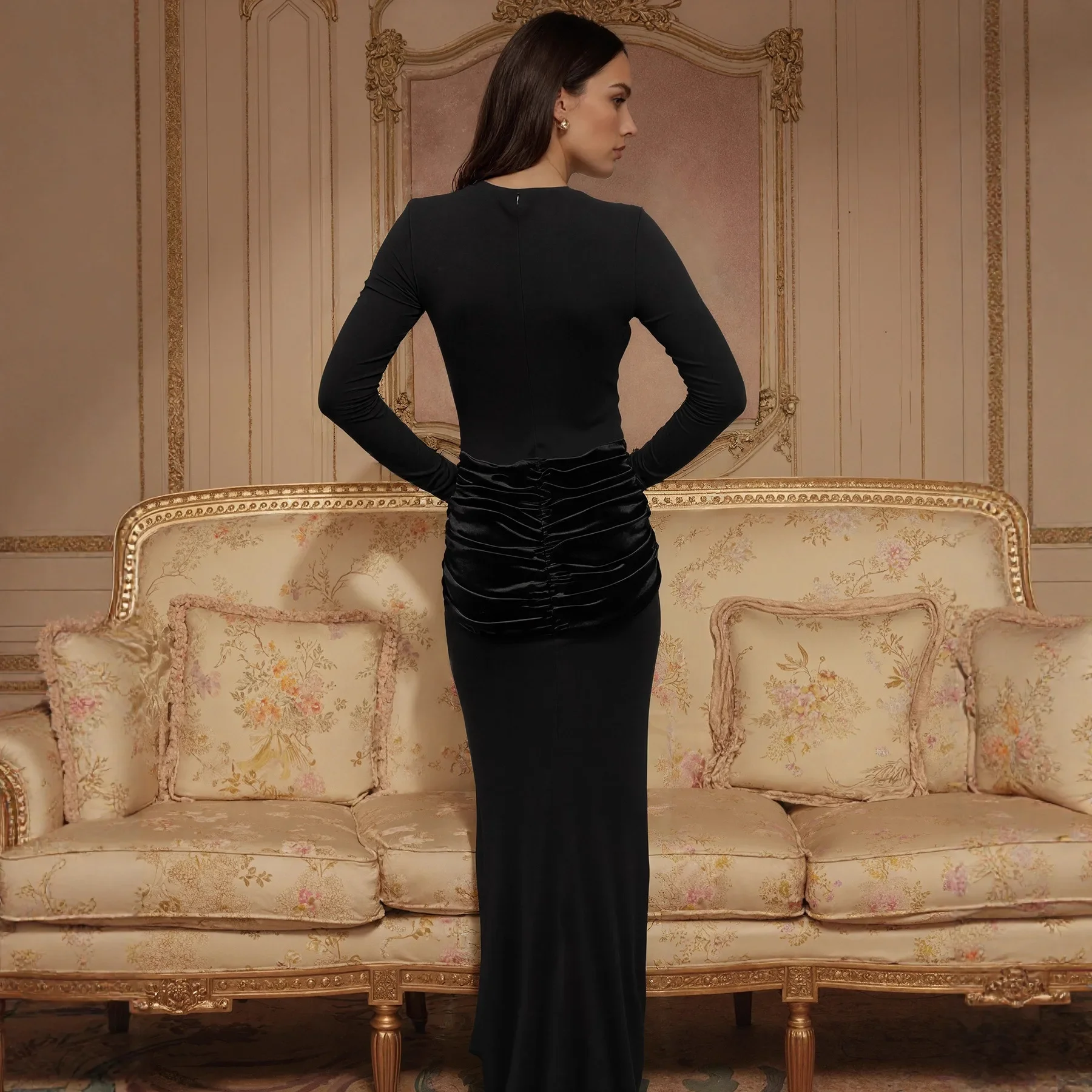 خريف شتاء نمط جديد نسيج البوليستر لون نقي الشاش المألوف الأعمال حفلة تاريخ أنيق كم طويل Bodycon فستان