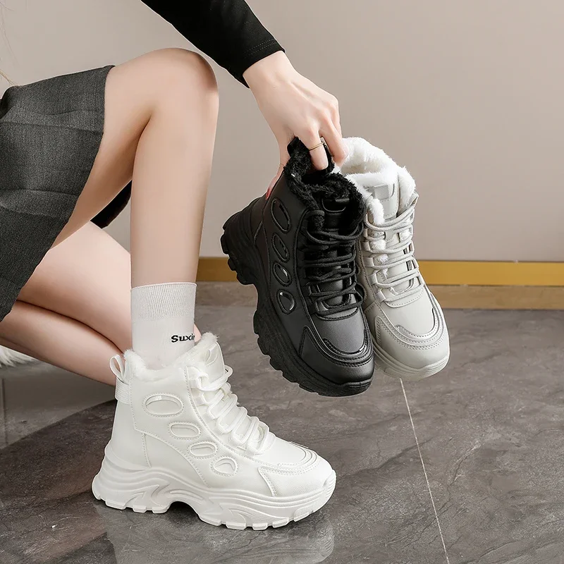 Zapatos deportivos con cordones y suela gruesa para mujer, zapatillas transpirables de cuero Pu para caminar, plataforma blanca, otoño 2025