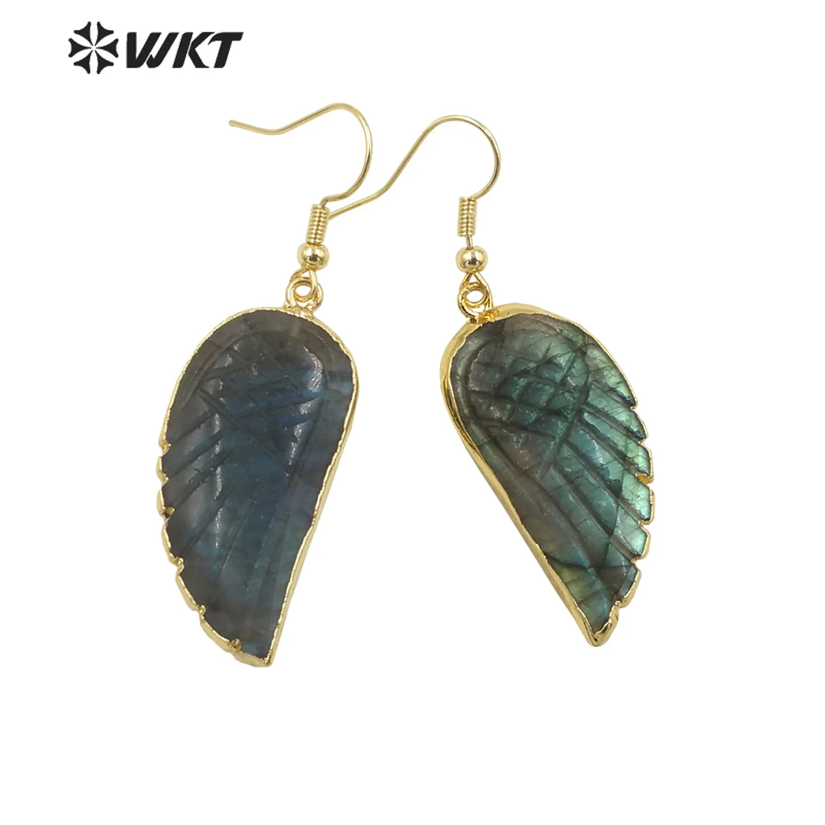 WT-E738 Wholesale Fashion Handmade Carved Labradorite Feather Earrings 18K Rainbow Fluorite Stone Dangle Earring