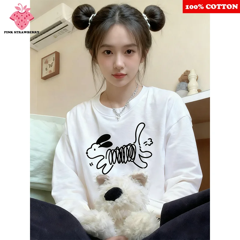 

Korean Cartoon Dog Print T-shirt Women Autumn 2025 New 100% Cotton Oversize White Long sleeved T-shirt Y2k Tops kawaii clothes