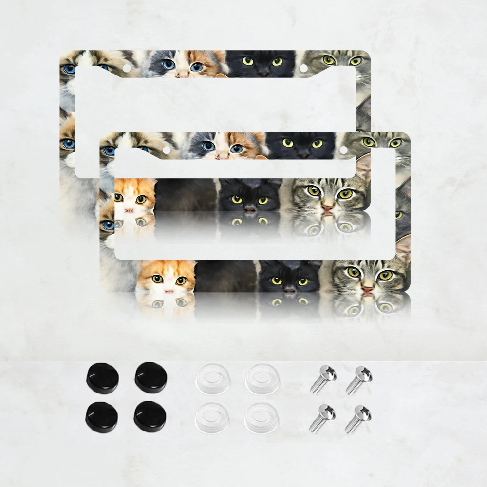 

2PC 2-Hole License Plate Frame with Cat Faces, Aluminum, 6x12 Inches, Includes Screws, USA Canada Mexico Standard Size
