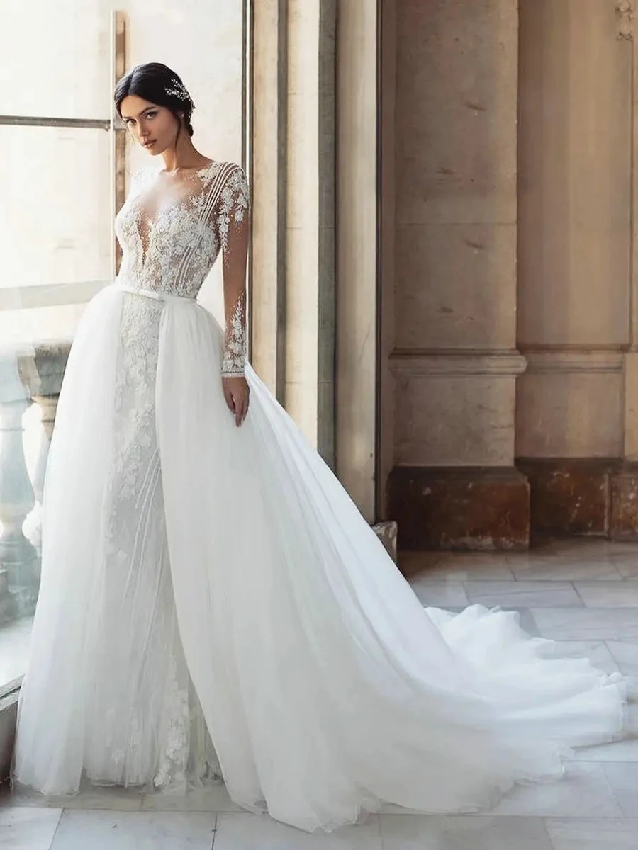 Robe de Mariée de Luxe avec Traîne Amovible, Manches sulf, Appliques en Dentelle, Forme Trapèze, Quelle que soit la Chérie, 2024