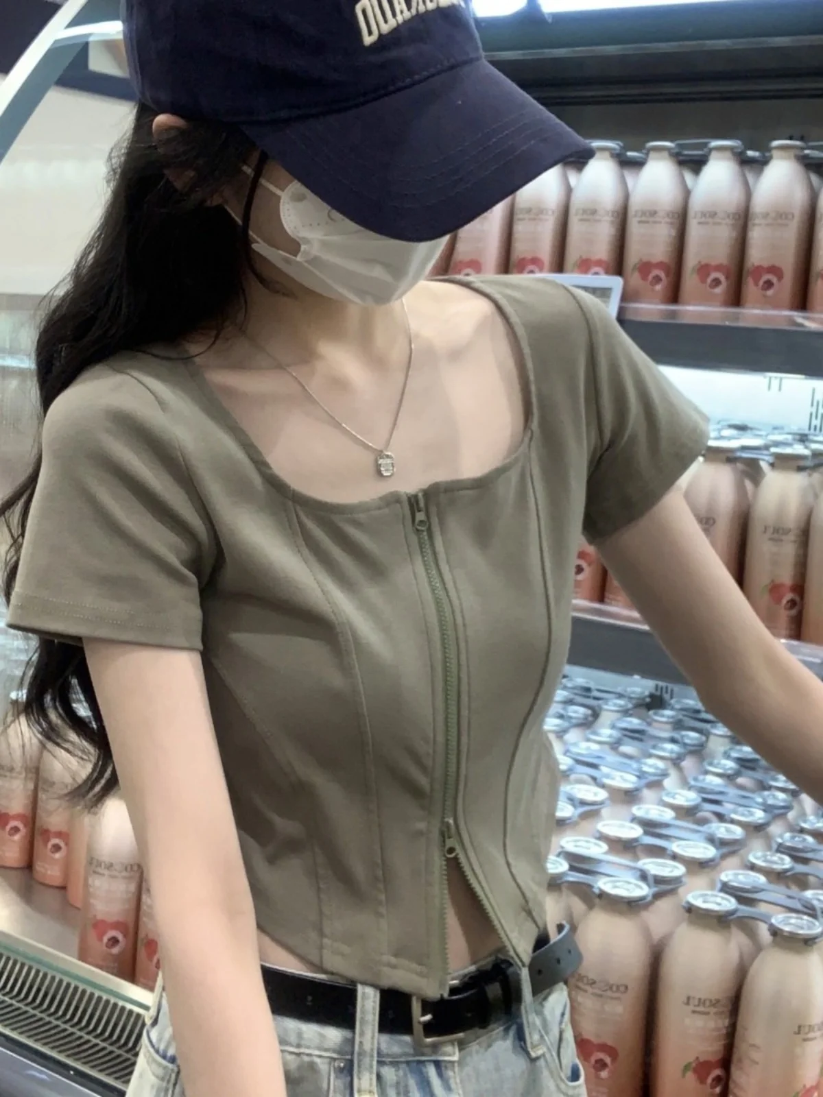 

Облегающая корейская футболка с квадратным воротником, женская футболка ort Sve на молнии, летний модный топ, молодежная хлопковая смесь