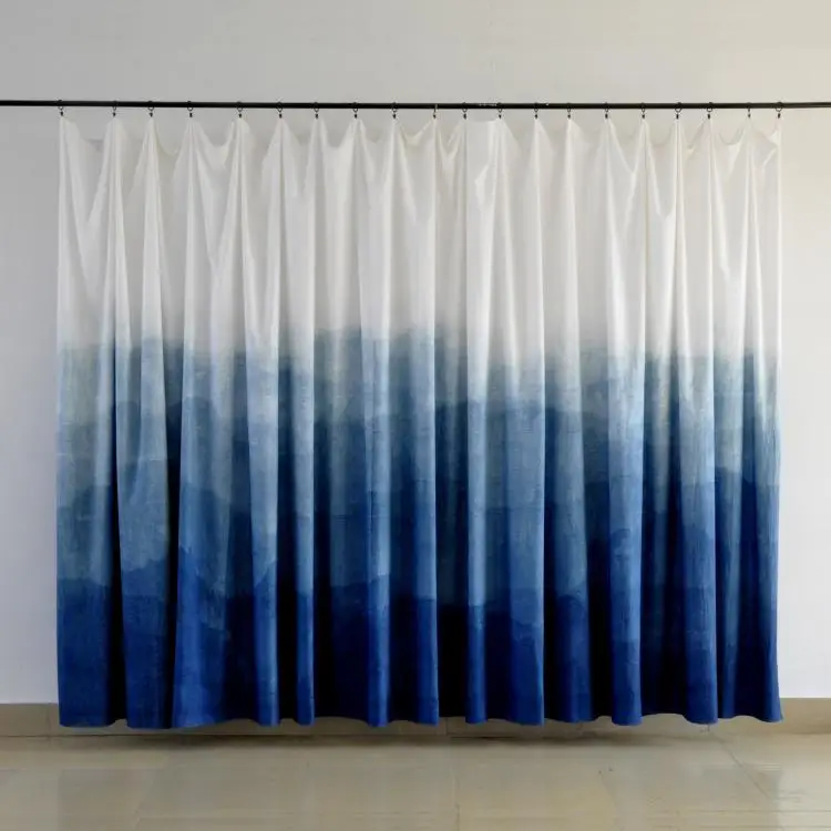 Thin Curtain Handmade Blue Dyed Artistic Plant Dyed Grass and Wood Dyed Gradient Curtain Fabric Fabric