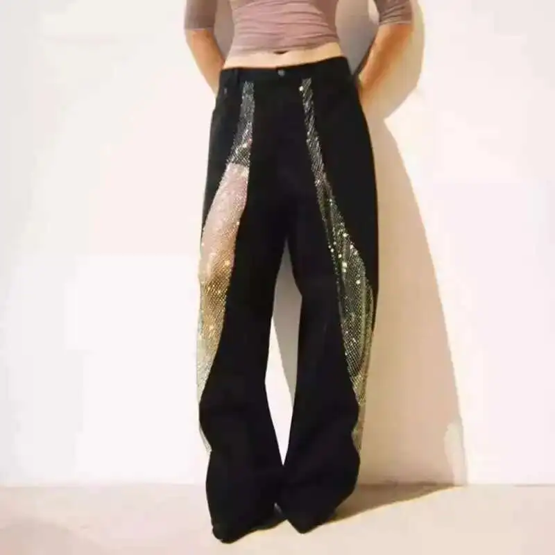 HKSH 여성 조수 트렌디 한 새로운 속이 빈 그리드 다이아몬드 스플 라이스 청바지 워시 디스트레스드 하이 웨이스트 와이드 레그 데님 바지 H2805