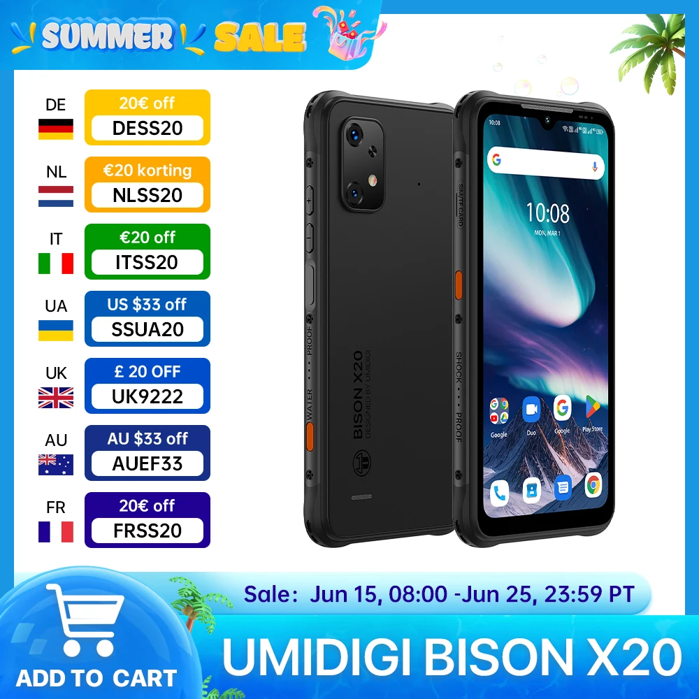 

UMIDIGI BISON X20 Прочный смартфон Android 13,6000 мАч NFC-телефон, 12 ГБ ОЗУ (6 + 6 ГБ) 128 ГБ ПЗУ 6,53 дюйма HD MTK Helio P60 Мобильный телефон