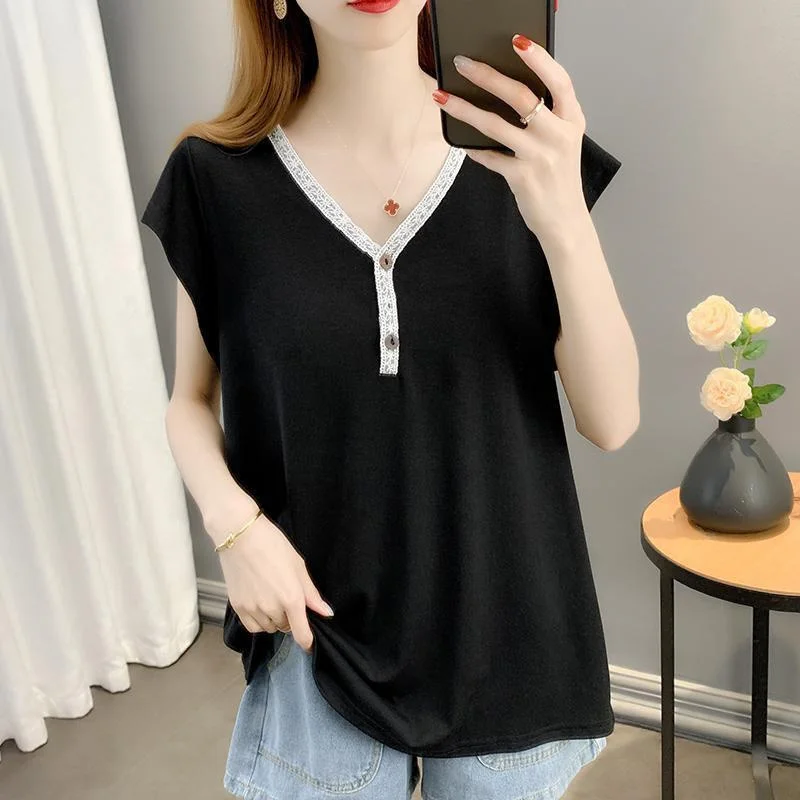 

plus Size 300 Pou Women's V-Ne ort Sve T-irt Casual Thin Loose Summer Top Age-Defng Belly Concealing
