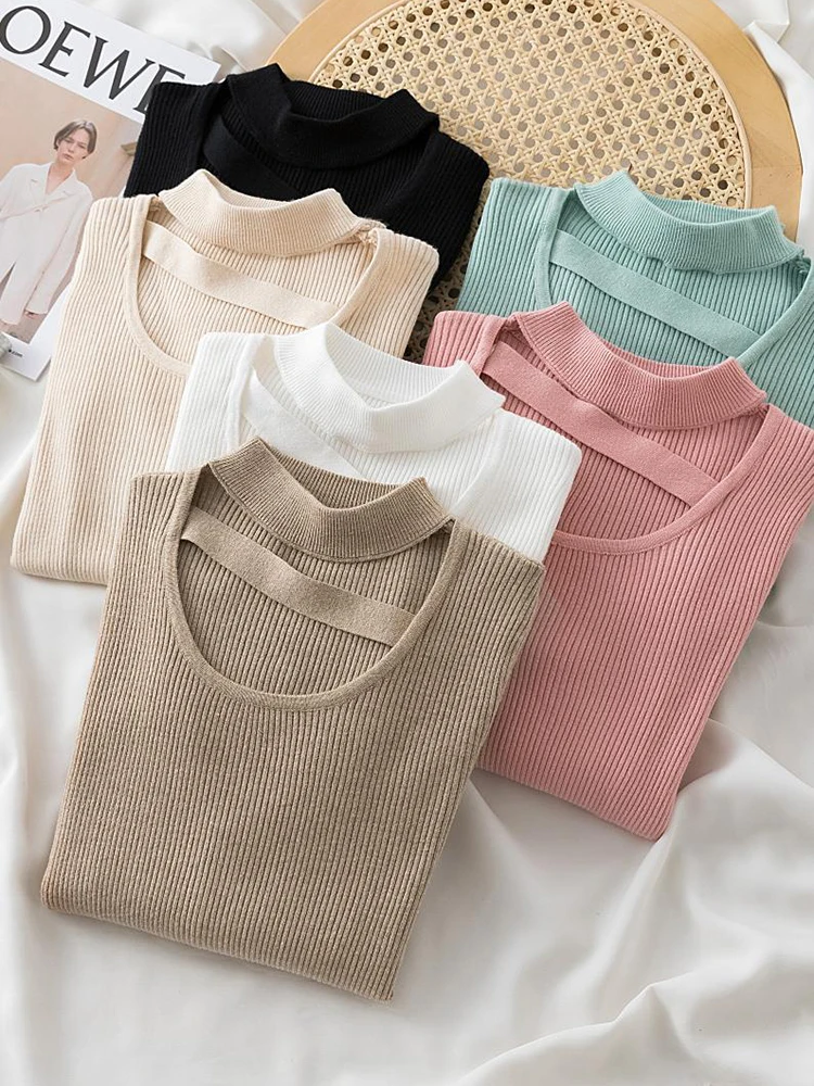 Korean Hollow Out Halter High Neck Women\'s Sweater Autumn Winter Soft Pullover Jumper Warm Women Knitwear Sweater Solid Tops