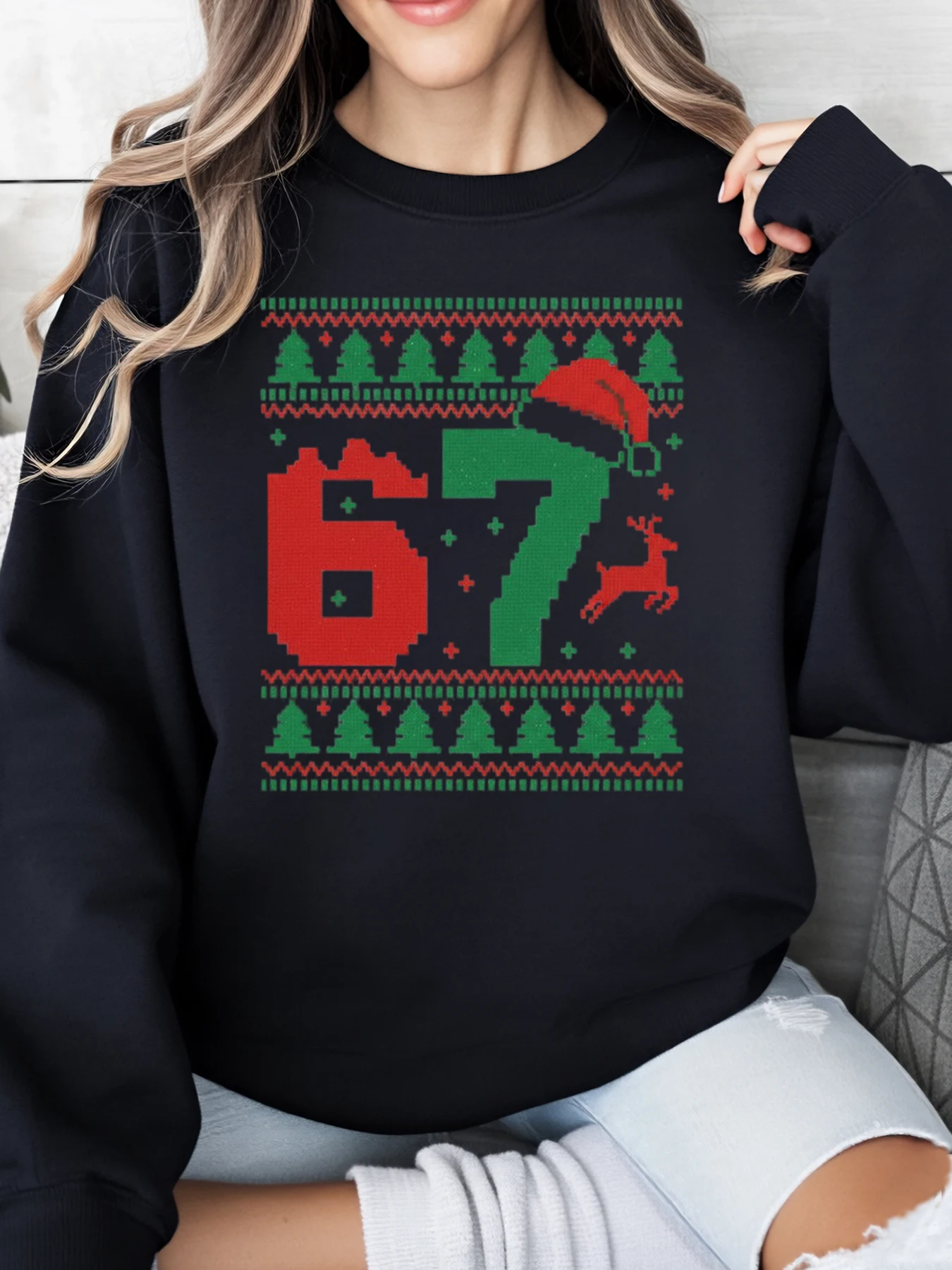 

67 Праздничный свитшот с принтом рождественской елки и оленя, женская повседневная зимняя одежда для вечеринок, черный, больших размеров