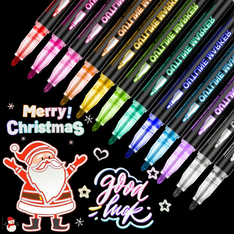 Multi Functional Shimmer Double Line Outline Pens Self-Outline 8/12/24/36/48/60colors Glitter Drawing Pen Metallic Markers