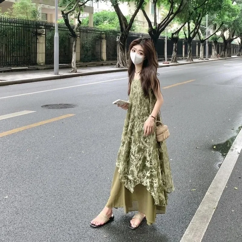 

French Tea Break Green Camisole Dress For Women In Summer Slightly Overweight And Slimming Exquisite Artistic Chiffon Long Dress