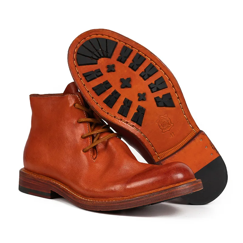 British Men's Genuine Leather Motorcycle Boots Mid-calf Slouch Cowboy Boots Comfort Lace Up Winter high-top Soft Leather Shoes