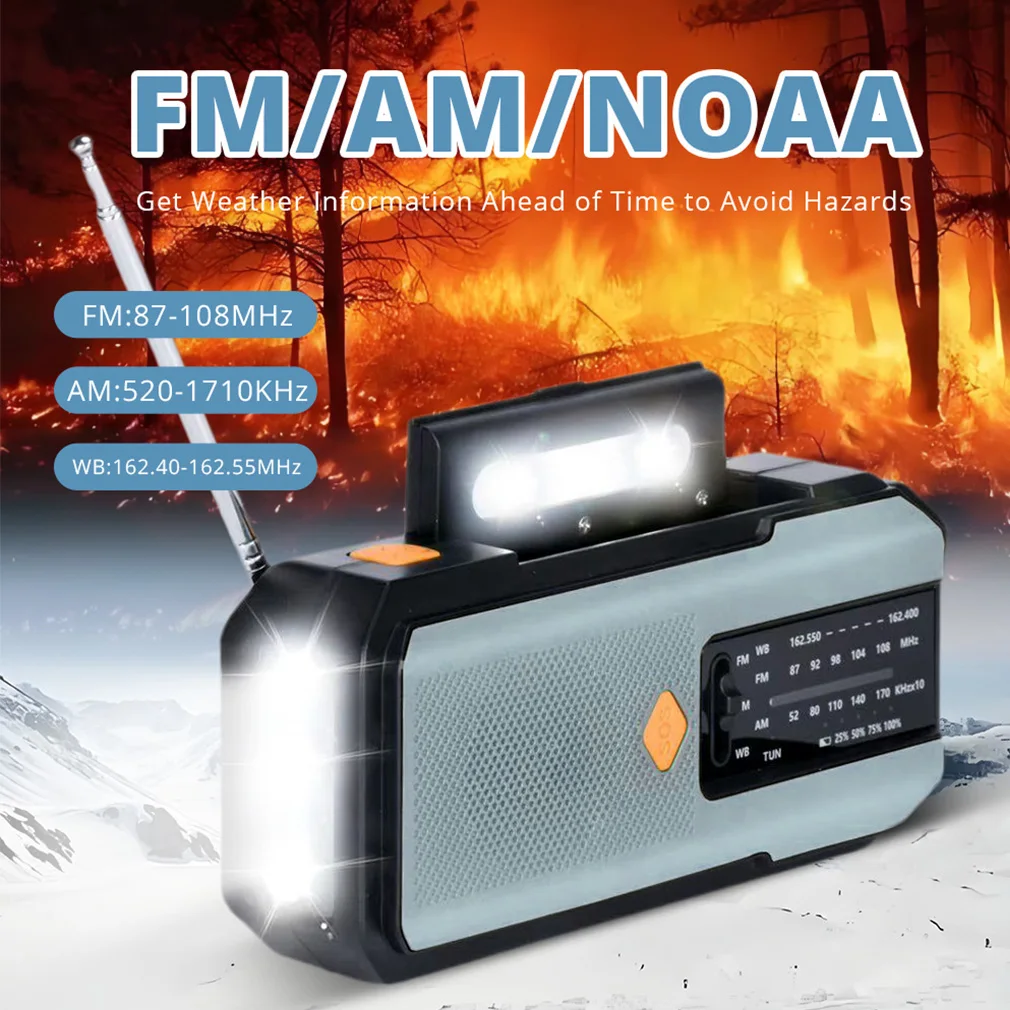 2000mAh NOAA Weather Radio Emergency FM AM Hand Crank Radio Solar USB Charging Rechargeable Power Bank LED Flashlight SOS Alarm