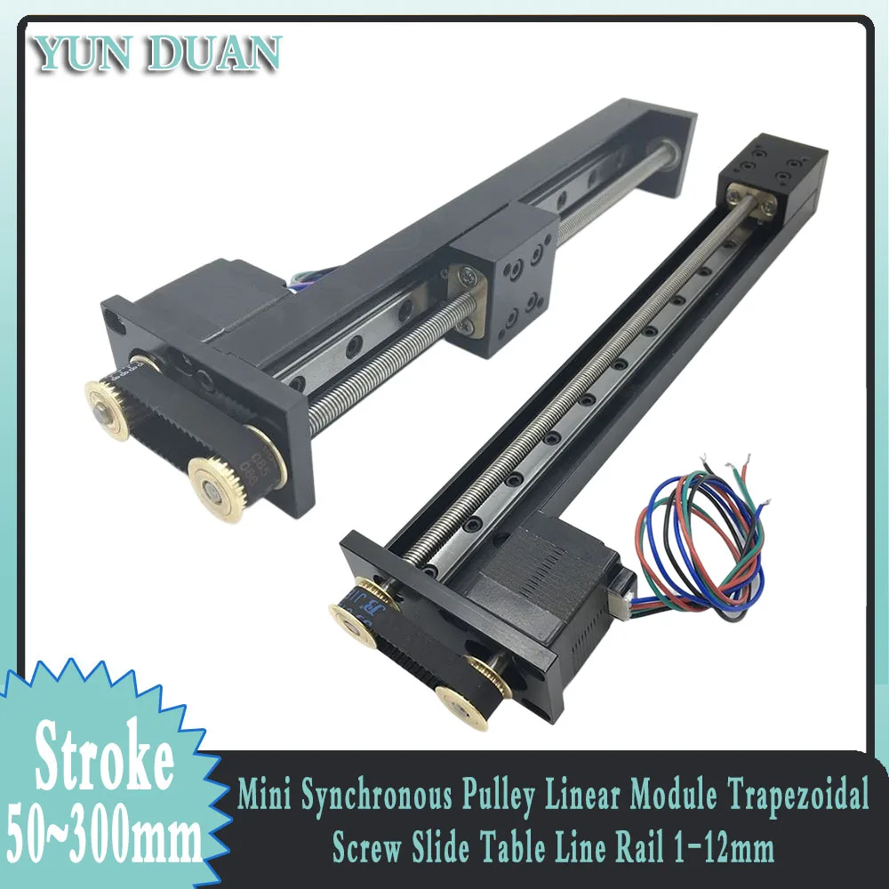 

Mini Synchronous Pulley Linear Module Trapezoidal Screw Slide Table Line Rail 1-12mm Pitch Nema11 Motor 50~300mm Stroke