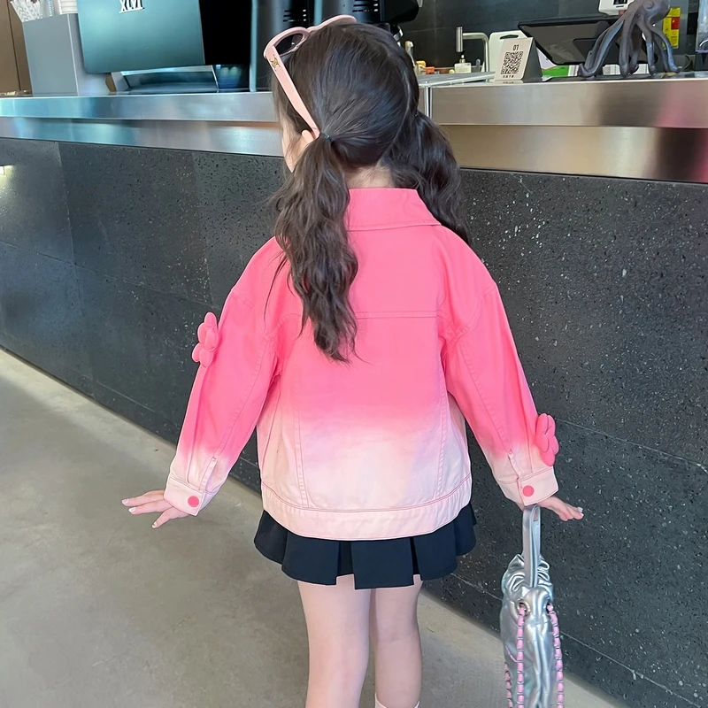 New Autumn Baby Girls Gradient Pink Denim Jacket Coat with Applique Kids Child Cute Jeans Outfit Clothing Age 2 3 4 5 6 7 8 9 Y - Image 3
