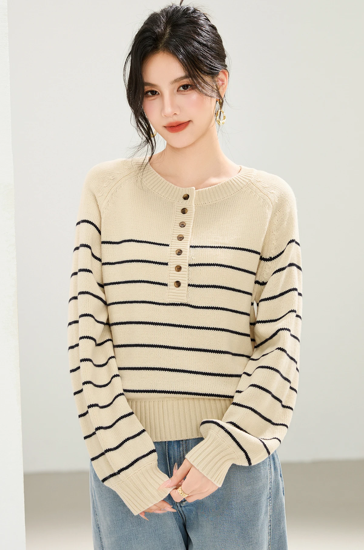 

Французский свитер с круглым вырезом, женский полуоткрытый свитер с грудью в горизонтальную полоску, пуловер с длинными рукавами, свободный вязаный топ