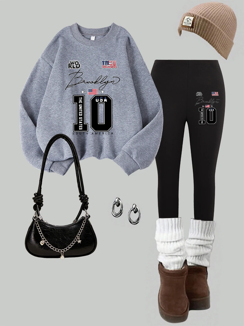 2-delige dames VS Brooklyn States afdrukken sweatshirts leggings set winter fleece thermische hoodie broek straat joggingkleding