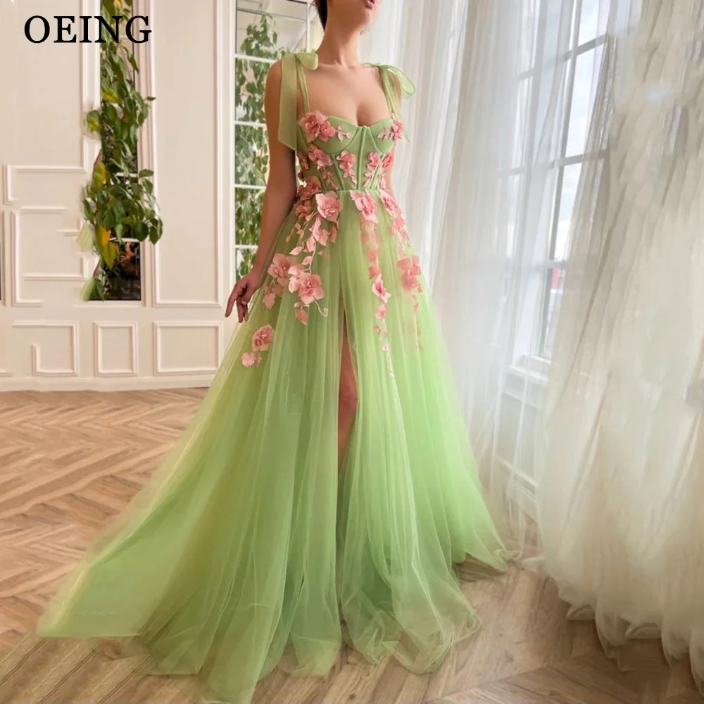 OEING Light Green A Line abiti da sera Sweetheart Side Split Appliques lunghezza del pavimento Princess Prom Dress per occasioni speciali