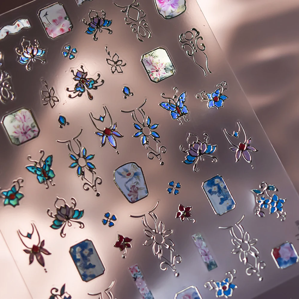 핫 스탬핑 골드 슬리버 보헤미아 대칭 꽃 패턴 5D 네일 아트 스티커 민족 꽃 레트로 자기 접착제 매니큐어 데칼