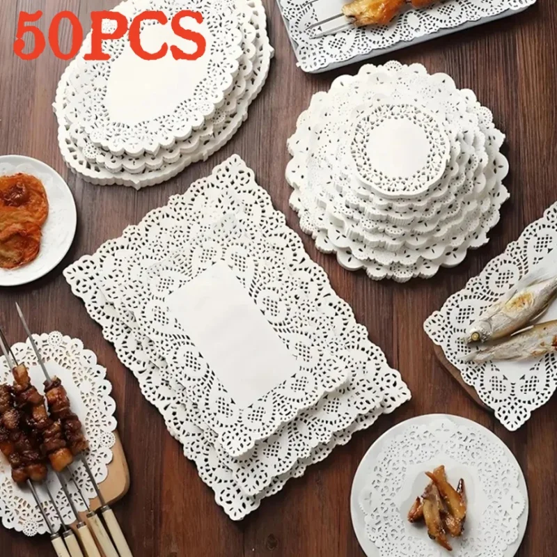 50PCS Lace Doily Paper Oil Absorption Pad Party Wedding Table Decor Pad For Baking Cooking Kitchen Cake Oil Absorption Pad