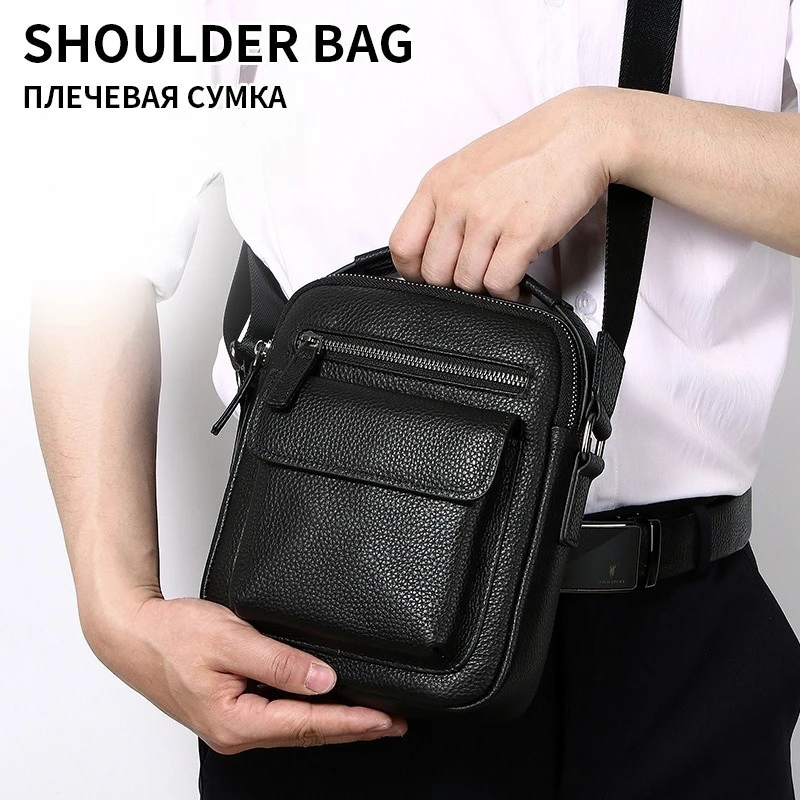 Men's large-capacity lightweight genuine leather simple crossbody bag, soft and high-end hand-held travel shoulder bag