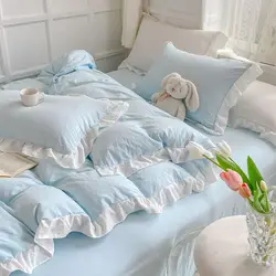 Juego de fundas de edredón de estilo princesa coreano sin relleno, algodón lavado suave rosa y azul, fundas de almohada de lino de cama con volantes favoritos de las niñas