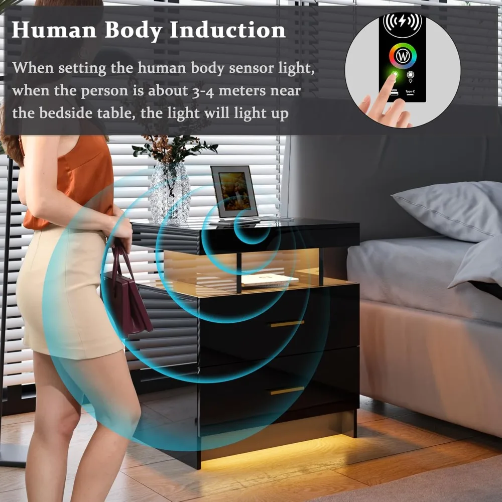 منضدة LED تلقائية مع شحن لاسلكي ومنافذ USB، وطاولة بجانب السرير عالية اللمعان مع درجين، وتصميم عائم #6
