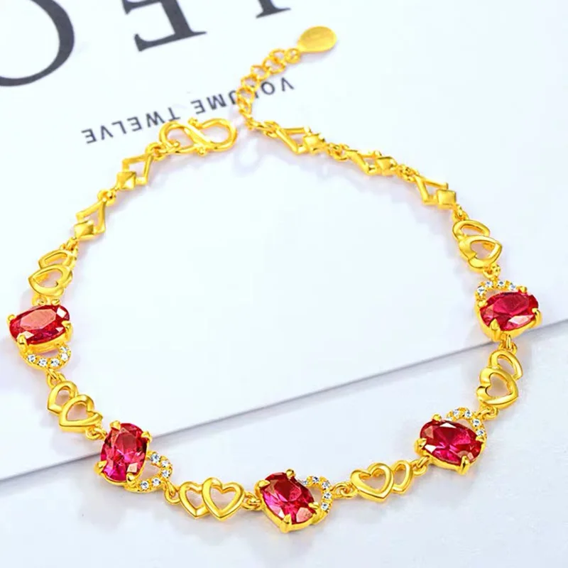 

Luxury 24K 9999 Pure Gold real gold Women's Heart-shaped Ruby Bracelet