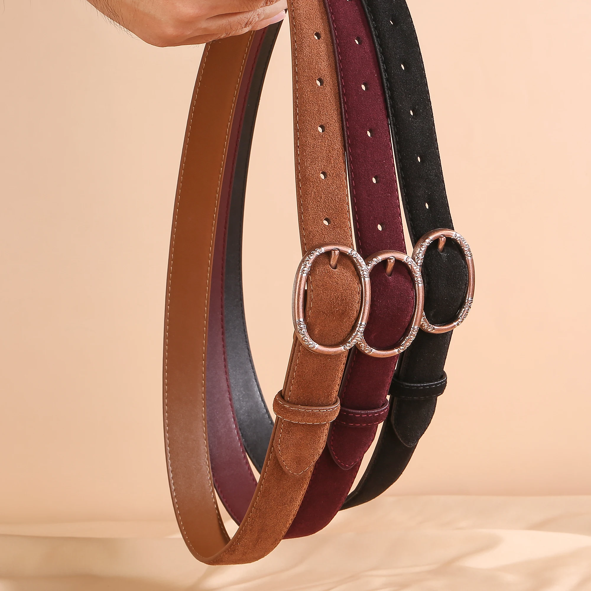 Women Belt Split Leather 2.8cm Suede Finish Vintage Engraved Oval Pin Buckle for High Waisted Jeans Casual Wear