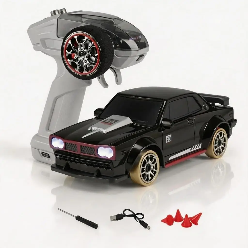 1:64 Scale 4WD RC Drift Car with Copper Tires, ESP Gyroscope, Magnetic Charging Dock, Proportional Servo, Type-C Fast Charging, LED Lights - Perfect Gift for Beginners & Collectors (Black)