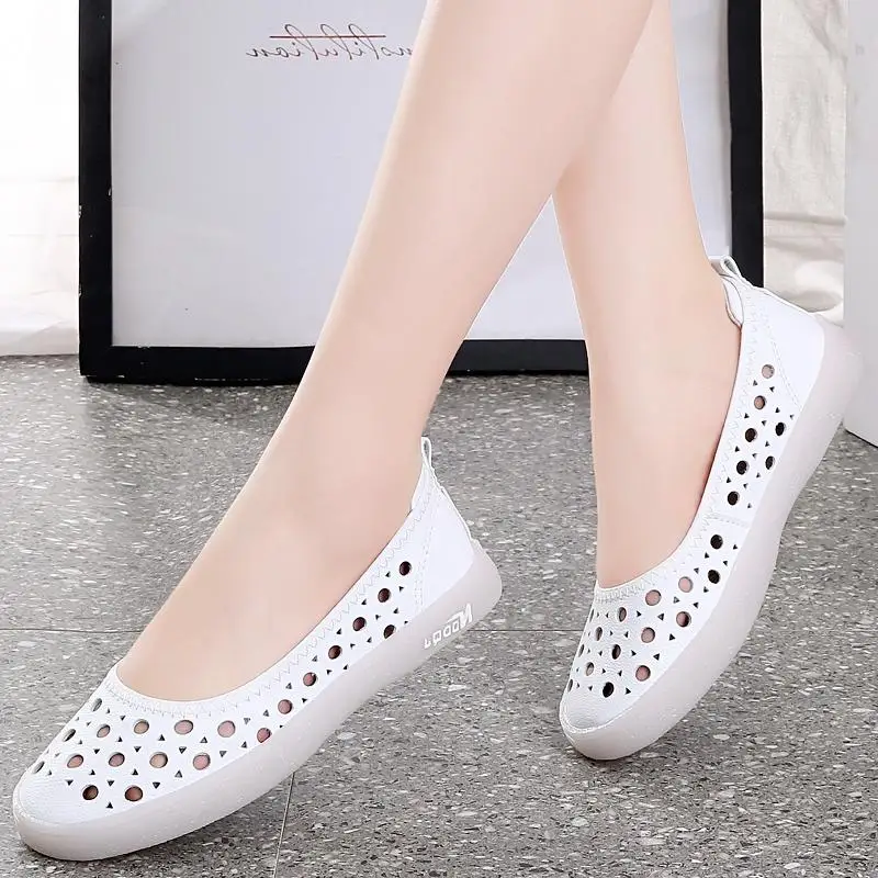 Genuine Leather Women Shoes Trendy Slip On Soft Sole Casual Shoes For Women Summer Hollow Breathable Women Sport Shoes