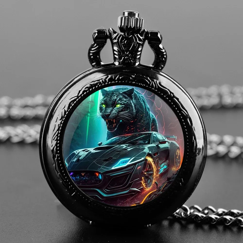 أزياء سيارة النمر نمط تصميم كوارتز ساعة الجيب الأرقام العربية قلادة فوب ووتش سلسلة هدايا للرجال الأولاد #2