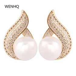WENHQ 2 Colors Fashion Sparkly Cubic Zircon Pearl Stud Clip on Earrings Women's Bridesmaid Wedding No Pierced Cuff Earrings