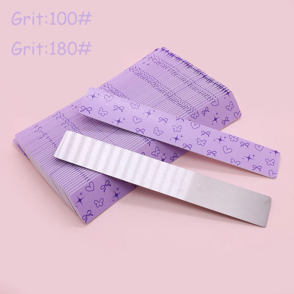100Pcs Disposable Replaceable Nail Files With 1Pcs Metal Handle Self Adhesive Purple Sandpaper Nails File Salon Manicure Product