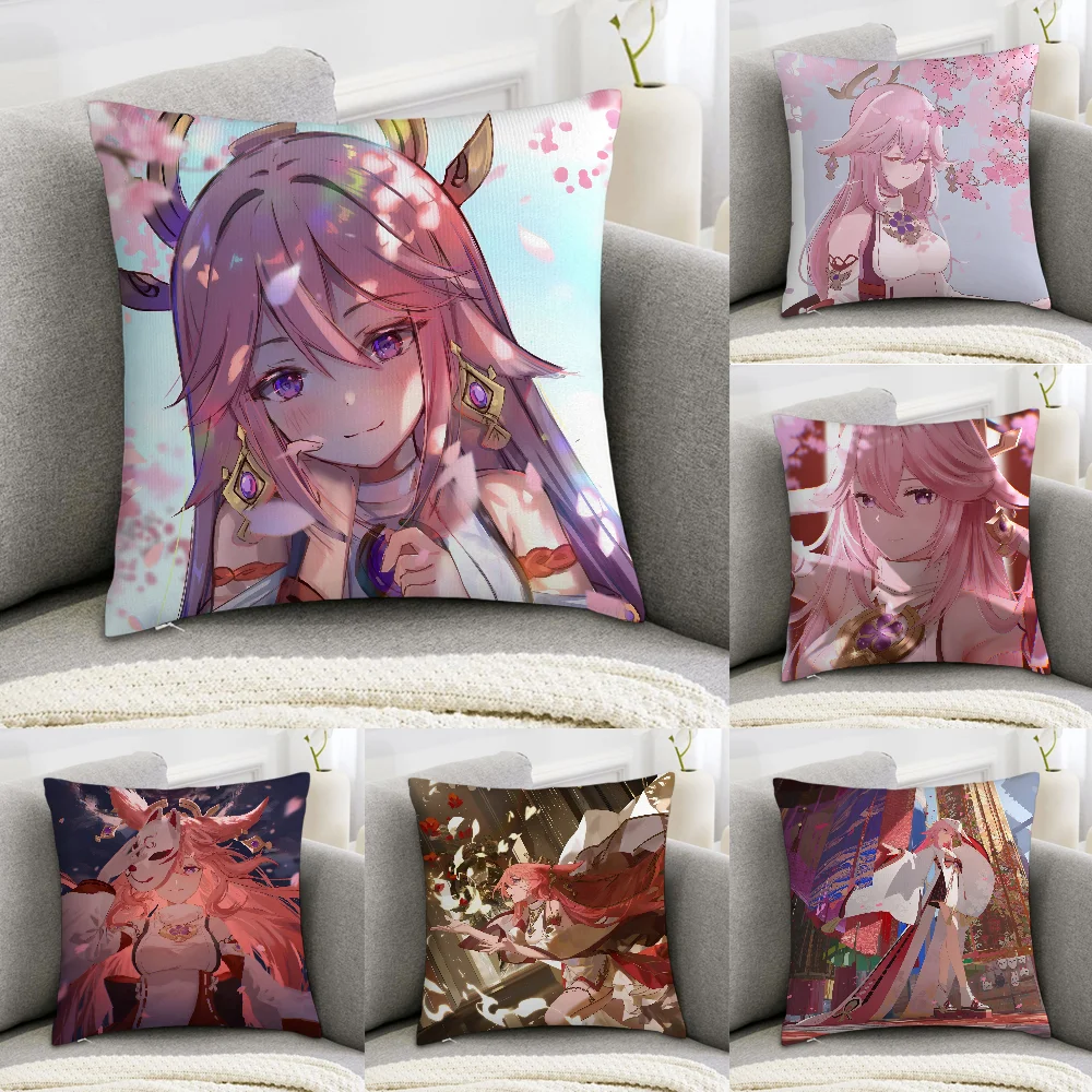 Yae Miko Genshin Impact Pillow Case Sofa Decorative Home Double-sided Printing Short Plush Cushion Cover Throw Pillow Cover