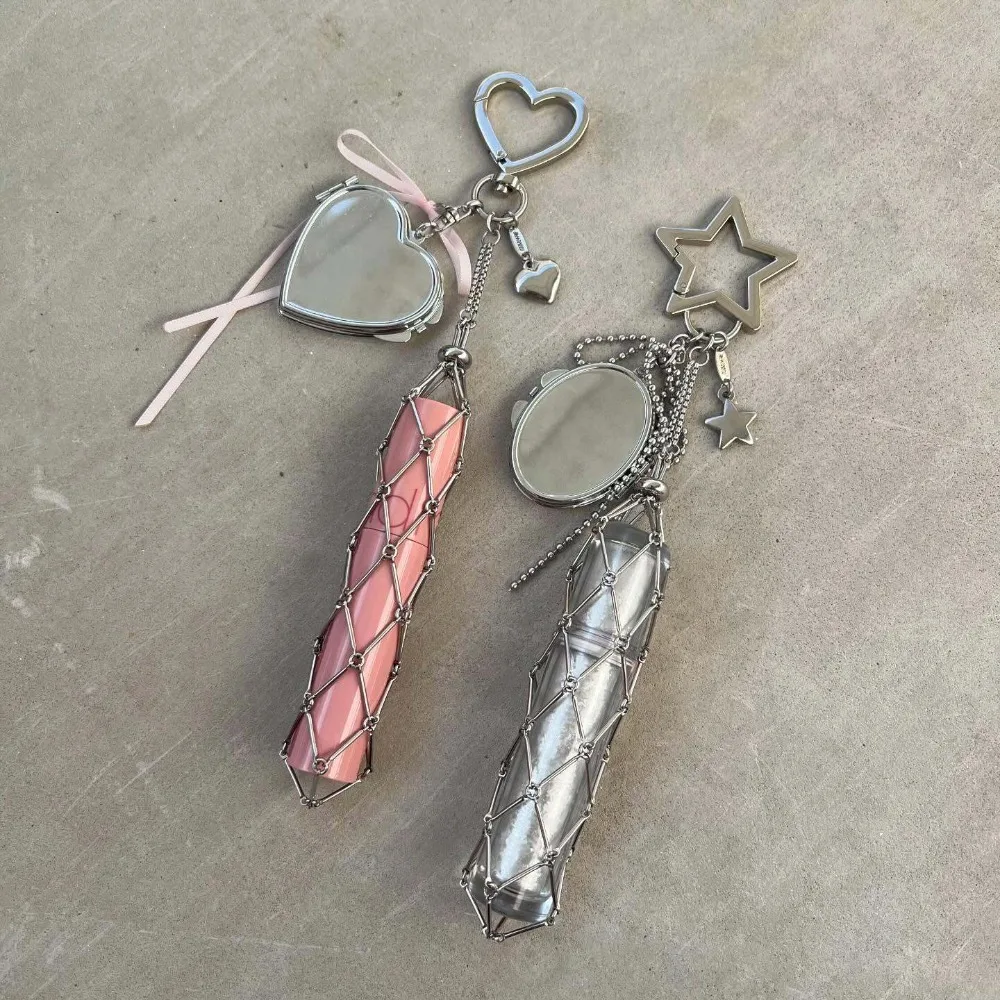 New Metal Net Pocket Lipstick Bag Keychain Portable Makeup Pouch Lip Balm Bag Key Chain Holder Lipsticks Protective Cover Mirror