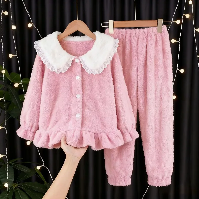 子供用コーラルフリースパジャマ-厚手-冬用-プリンセスデザイン-保温-ホームウェア-女の子向け